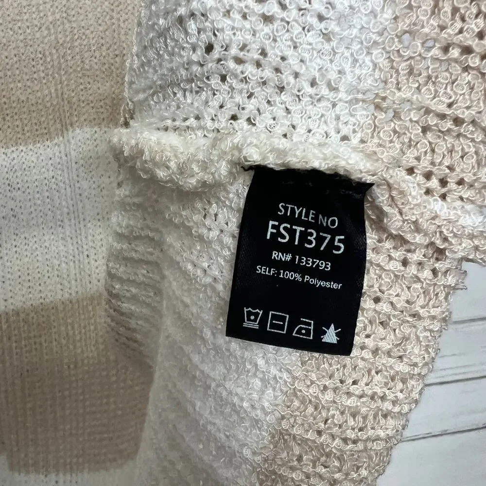 POL Tan Ivory Striped Long Knit Hooded Cardigan Sweater Open Front Size Small